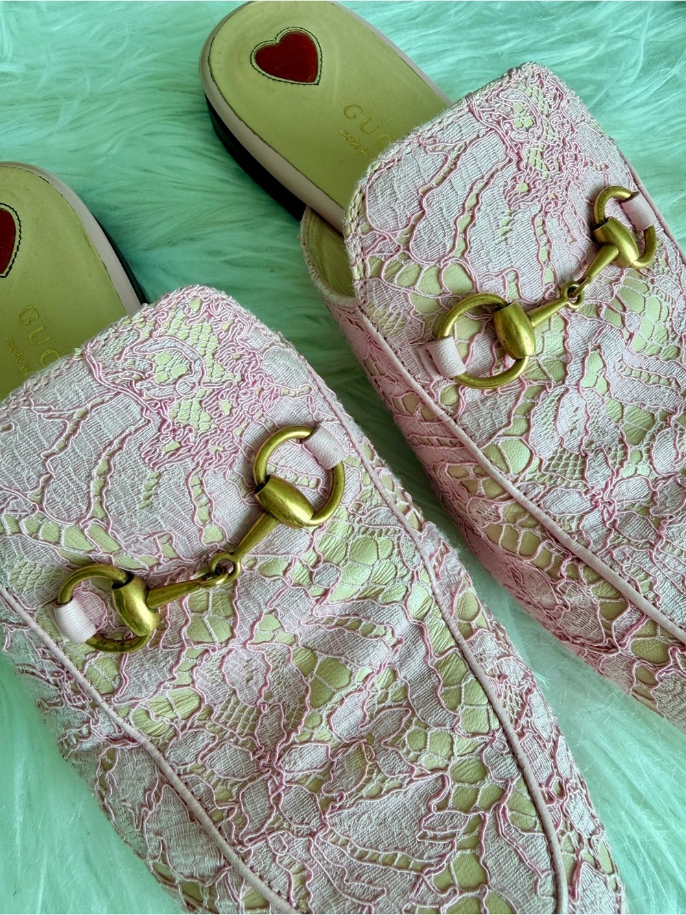 Gucci Pink Lace Horsebit Mule Loafers